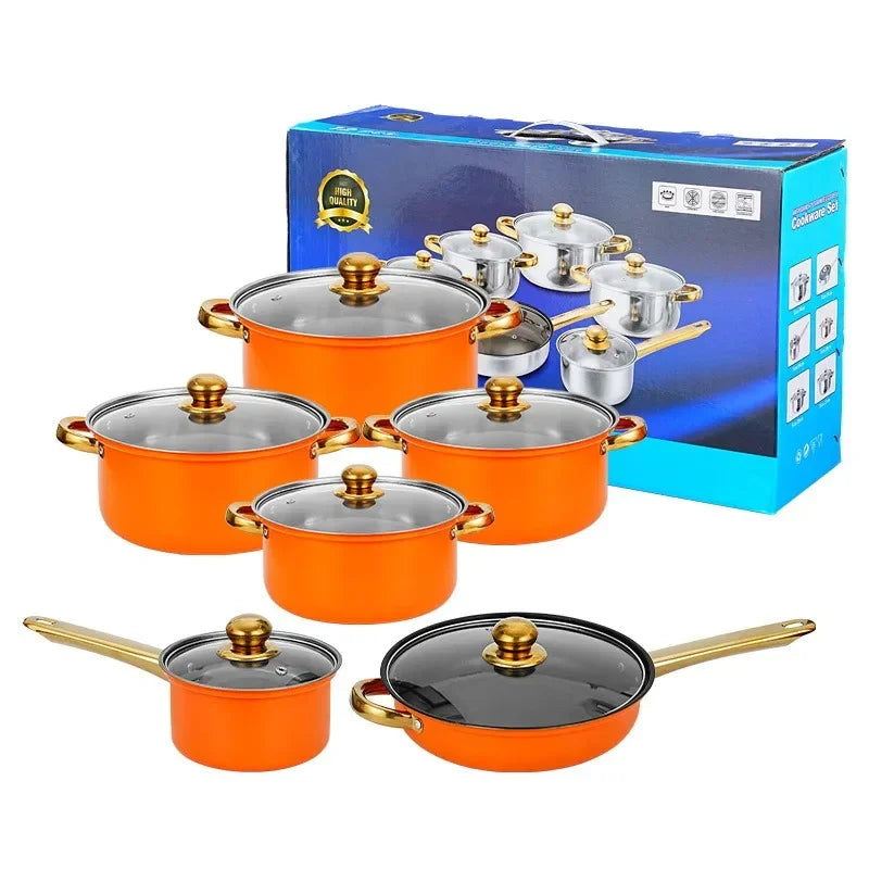 12pcs/set Stainless Steel Soup Pot Set Wine Red Non Stick Pan Electromagnetic Stove Universal Milk Cooking Pot Set Kitchen Tools