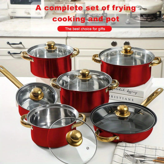 12pcs Stainless Steel Kitchenware Set, Multi-Color Non-Stick Pan Set, Pan, Pan, Pan with Lid, Versatile, Stylish And Durable