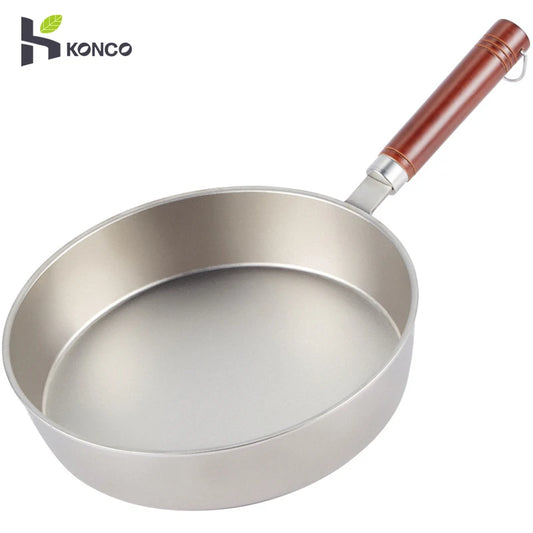 28cm Pure Titanium Skillet 99.8% Titanium Frying Wok Uncoated Non Stick Frying Pan with Wood Handle for Kitchen Home Gift