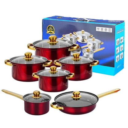 12pcs/set Stainless Steel Soup Pot Set Wine Red Non Stick Pan Electromagnetic Stove Universal Milk Cooking Pot Set Kitchen Tools