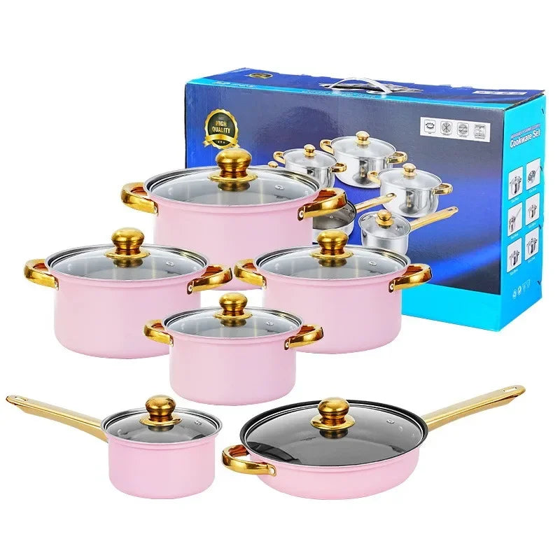 12pcs/set Stainless Steel Soup Pot Set Wine Red Non Stick Pan Electromagnetic Stove Universal Milk Cooking Pot Set Kitchen Tools