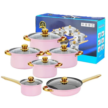 12pcs/set Stainless Steel Soup Pot Set Wine Red Non Stick Pan Electromagnetic Stove Universal Milk Cooking Pot Set Kitchen Tools