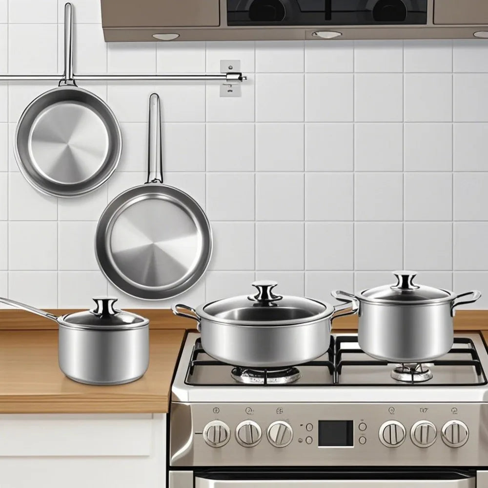 15pcs 3-Ply Stainless Steel Pots and Pans Set Kitchen Cookware Sets with Glass Lids, Stay-Cool Handle, Oven Safe Dishwasher
