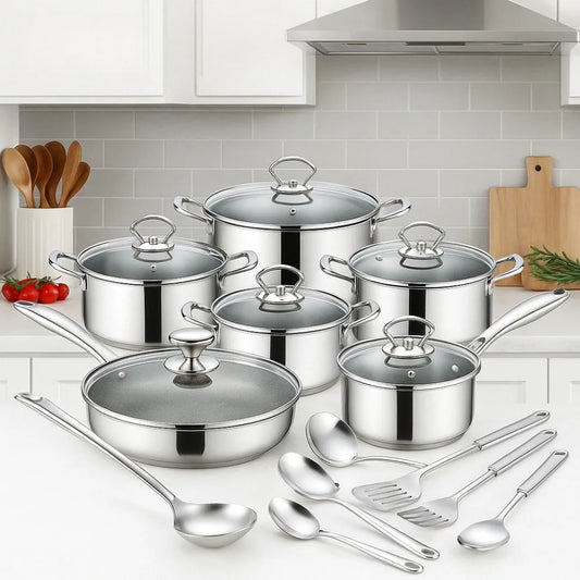 15pcs 3-Ply Stainless Steel Pots and Pans Set Kitchen Cookware Sets with Glass Lids, Stay-Cool Handle, Oven Safe Dishwasher