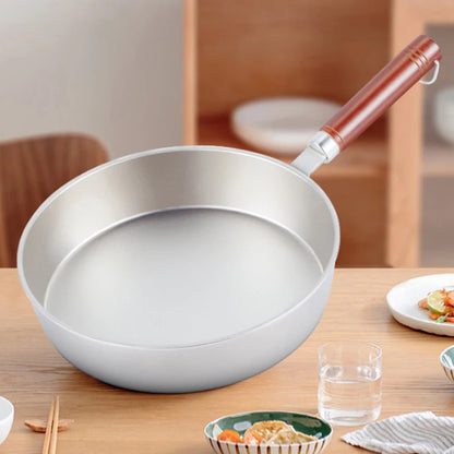 28cm Pure Titanium Skillet 99.8% Titanium Frying Wok Uncoated Non Stick Frying Pan with Wood Handle for Kitchen Home Gift