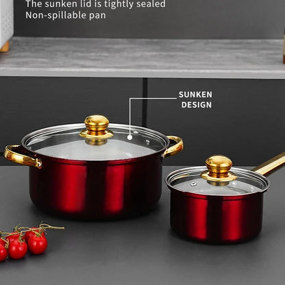 12pcs/set Stainless Steel Soup Pot Set Wine Red Non Stick Pan Electromagnetic Stove Universal Milk Cooking Pot Set Kitchen Tools
