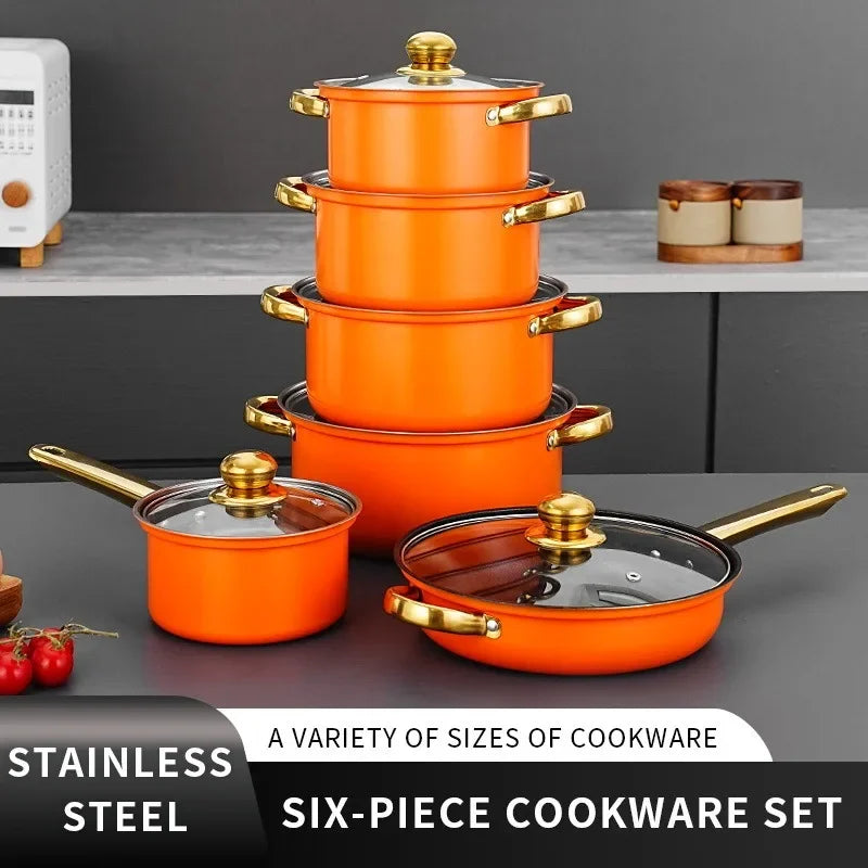 12pcs/set Stainless Steel Soup Pot Set Wine Red Non Stick Pan Electromagnetic Stove Universal Milk Cooking Pot Set Kitchen Tools