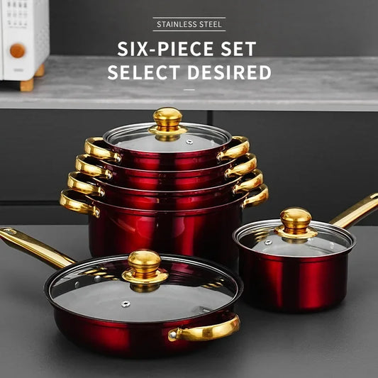 12pcs/set Stainless Steel Soup Pot Set Wine Red Non Stick Pan Electromagnetic Stove Universal Milk Cooking Pot Set Kitchen Tools