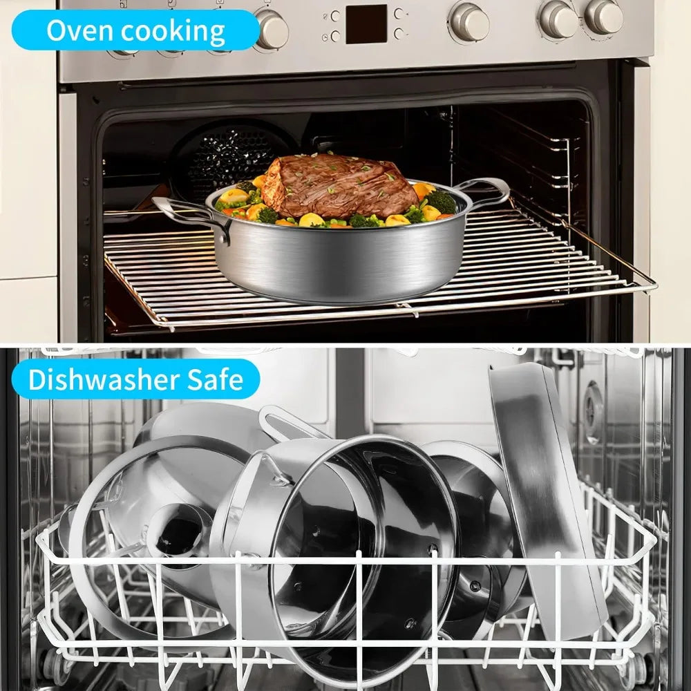 15pcs 3-Ply Stainless Steel Pots and Pans Set Kitchen Cookware Sets with Glass Lids, Stay-Cool Handle, Oven Safe Dishwasher